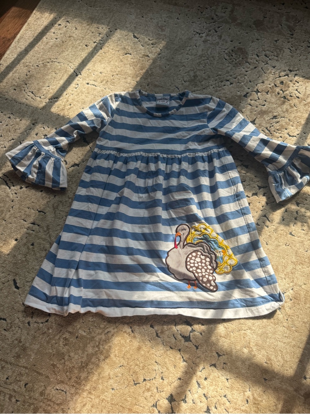 Blue and White Striped Kids Dress with Embroidered turkey